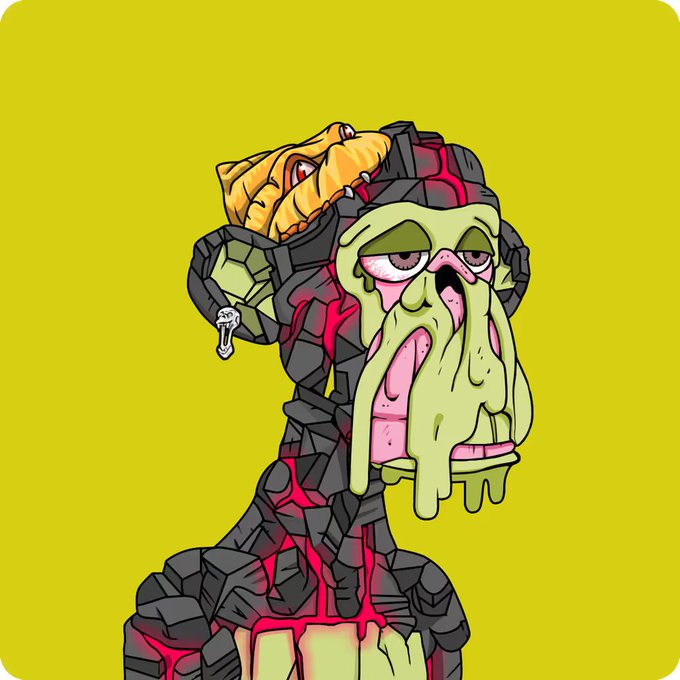 A cartoon-style NFT illustration of a green, zombie-like face with drooping features, wearing dark stone armor with red glowing cracks, and a small orange creature resting on its head.