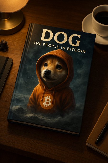 The image features a book titled "DOG" with an illustration of a dog wearing a hoodie, sitting inside a Bitcoin bubble surrounded by Bitcoins. The book appears to be about Bitcoin or cryptocurrency, as indicated by its title. A cup is also present on the table next to the book and the dog's illustration.