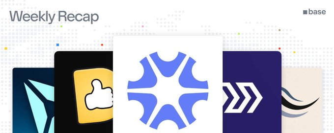 A 'Weekly Recap' graphic from Base displaying five cards with various app icons, including a thumbs-up, a blue starburst logo, and arrow designs.