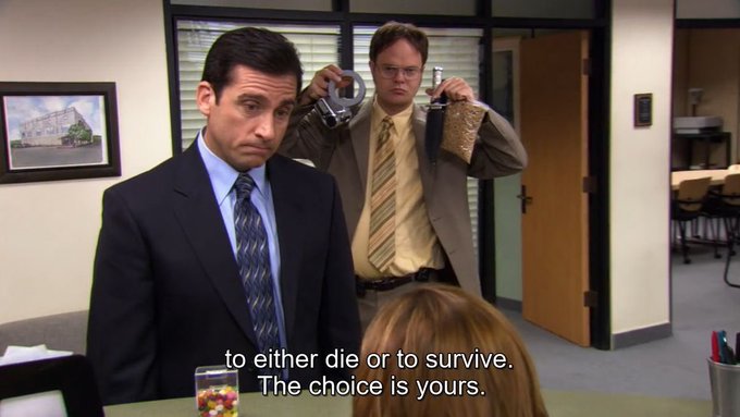 A scene from The Office featuring Michael Scott and Dwight Schrute in the office, with subtitles reading "to either die or to survive. The choice is yours."