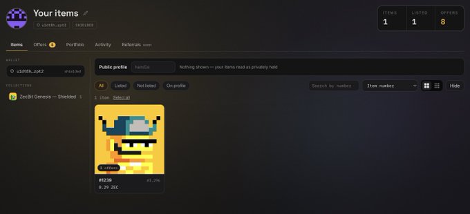 A dashboard screenshot displays the user "zsmith_apt2" with 1 item, 1 listed, and 8 offers, showing a pixelated ZecBit Genesis NFT (#1238) priced at 0.29 ZEC. The image supports the post's positive resolution, visually confirming that the user has successfully received the NFT from ZecBit founder @z1vex and subsequently listed it for sale.