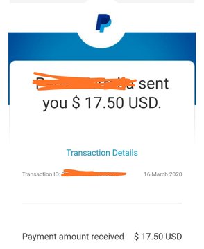 A PayPal transaction notification screenshot shows a payment of $17.50 USD received on 16 March 2020, with the sender's name redacted.