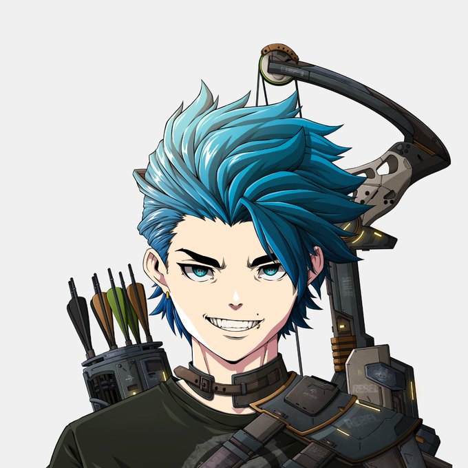 Anime-style character portrait of a young man with spiky blue hair, a confident grin, and mechanical/tactical gear including a crossbow and arrows on his back.