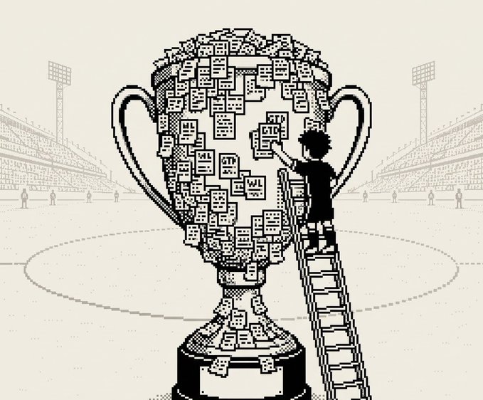 A soccer player on a ladder places slips of paper into a giant World Cup trophy. The “Goalhoodz” post promotes filling final spots, possibly expanding supply, and securing a whitelist (WL) spot by sharing an EVM address.