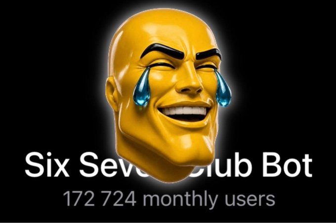 A graphic featuring a yellow laughing-crying face mask with the text "Six Seven Slub Bot" and "172 724 monthly users" on a black background.