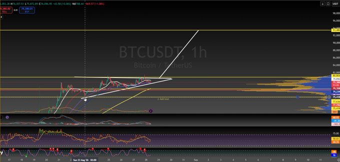 A candlestick chart of Bitcoin/USDT (BTCUSDT.P) on a 1h timeframe showing price action, with technical analysis lines and indicators drawn over recent price movement.
