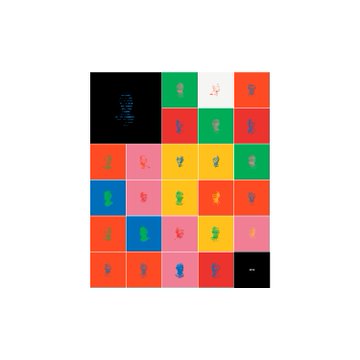 A colorful grid composition of square tiles in red, green, yellow, blue, pink, and black, featuring small abstract shapes and the word 'Happythankyoumoreplease'.
