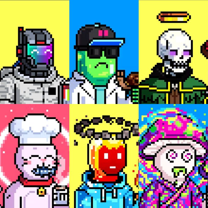 A grid of six colorful pixel art character portraits including a futuristic soldier, a green-skinned person in a cap, a skull-faced figure with a halo, a chef, a fiery-faced character, and a psychedelic figure.