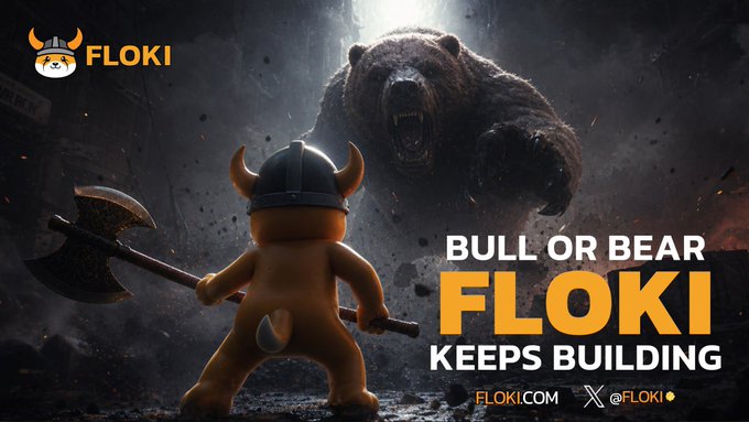 A promotional image for 'FLOKI' featuring a cartoon dog in a horned helmet holding an axe, facing a roaring bear, with the text 'BULL OR BEAR FLOKI KEEPS BUILDING', 'FLOKI.COM', and '@FLOKI'.