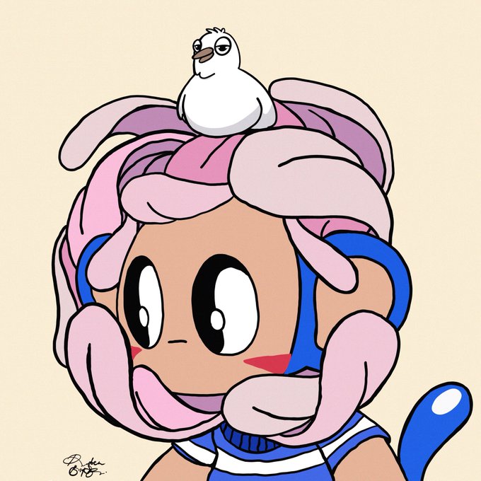 An illustrated cartoon character with pink tentacle-like hair and a small white bird perched on top smiles against a cream-colored background.