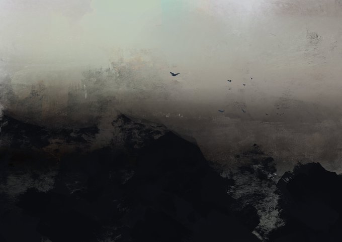 The image shows a moody, abstract landscape featuring a dark, jagged mountain silhouette beneath a hazy, textured sky, with a small flock of birds scattered across the muted atmosphere. It evokes the solitary, atmospheric quality suggested by the post's reference to "HORIZON 1/1," a title that complements the piece's remote, horizon-bound vista and limited edition status of 710 tez.