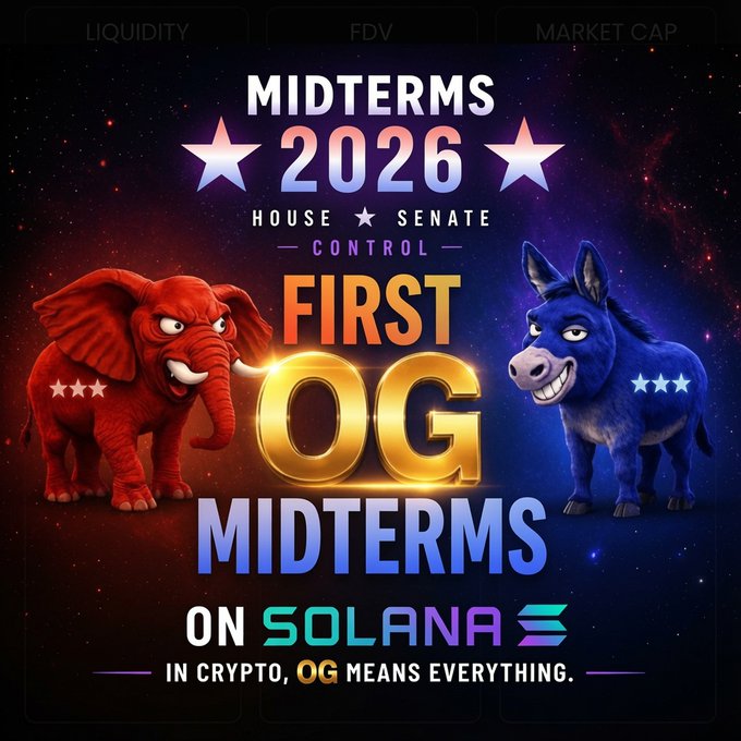 The promotional image for "Midterms 2026" ($MIDTERMS26) features a red Republican elephant and a blue Democratic donkey flanking the central text, with a cosmic space-themed background highlighting "FIRST OG" and "MIDTERMS 2026 ON SOLANA" with the tagline "In crypto, OG means everything," alongside a contract address (ERMS1vKBCQS5YMJCcFNP464RJyHuHwSLYdpsre5Cpump). The graphic directly promotes the post's message about the Solana-based political betting token themed around the 2026 midterm elections and the race for House and Senate control.