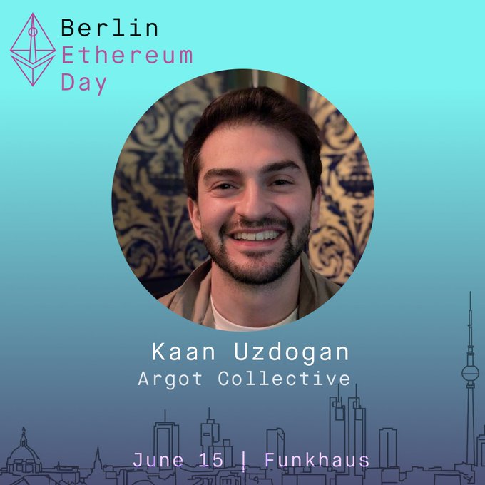 The image features a man with a beard wearing a brown jacket smiling for the camera while standing against a blue background that includes a city skyline, likely representing Berlin. The caption of the image reads "Berlin Ethereum Day" and mentions that several community members contributed to the event's success.