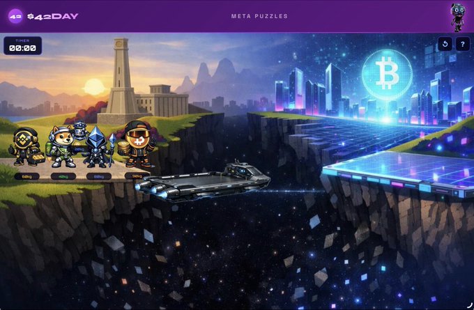 The image shows a group of five people standing next to a spaceship, with one person holding a steering wheel. The ship appears to be a space shuttle or a vehicle from another planet. A large Bitcoin logo can also be seen in the background. The scene is set against a backdrop featuring a cityscape and mountains under a sunset sky. The image seems to be related to a video game or puzzle, possibly involving a virtual reality experience where players must navigate through various challenges using their problem-solving skills and teamwork.