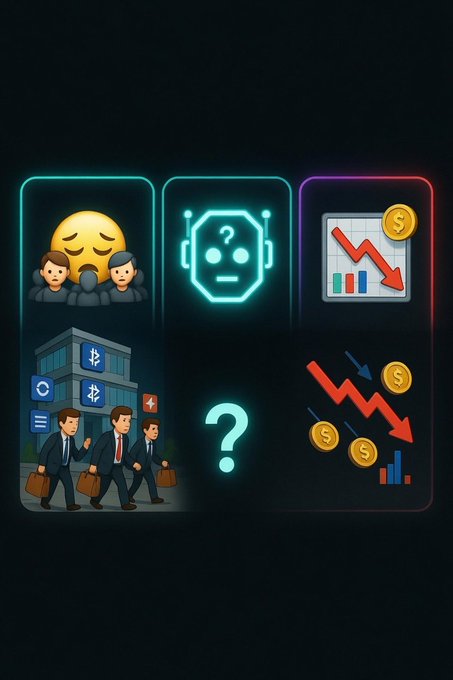 A dark-themed graphic featuring cryptocurrency and finance-themed illustrations including sad emoji figures, an AI robot, declining charts with dollar signs, and businessmen leaving an office building with Bitcoin symbols.