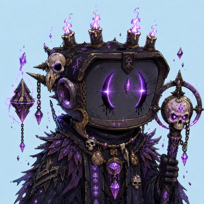 Detailed digital fantasy artwork of a dark, armored character with a television monitor for a head, glowing purple eyes, skull motifs, purple flames, and holding a staff topped with a crystal.