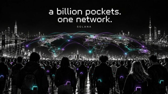 A promotional Solana graphic reads 'a billion pockets. one network. SOLANA' above a stylized world map with glowing connection lines over a cityscape and crowd.