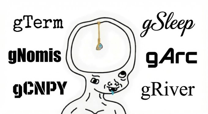 The image displays various project names (gTerm, gNomis, gCNPY, gSleep, gArc, gRiver) surrounding a meme-style crying baby with a noose, illustrating the post's point that many speculative crypto "opportunities" exist alongside creators who lack a real future.
