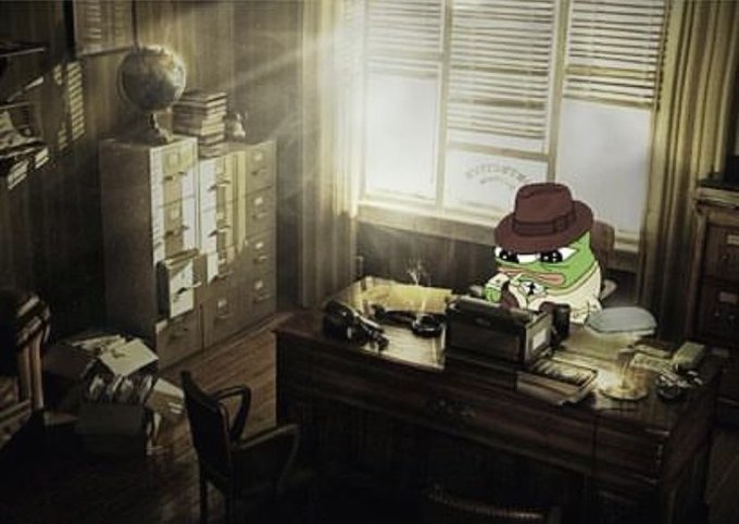 An illustration of a Pepe the Frog character dressed as a 1940s detective, wearing a fedora and trench coat, sitting at a wooden desk in a shadowy, sunlit office.
