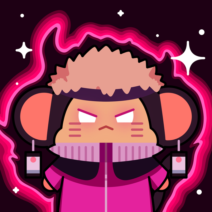 A digital illustration of an angry cartoon monkey character with pink fur, wearing a purple and pink tracksuit, set against a dark background with pink wavy energy lines and white stars.