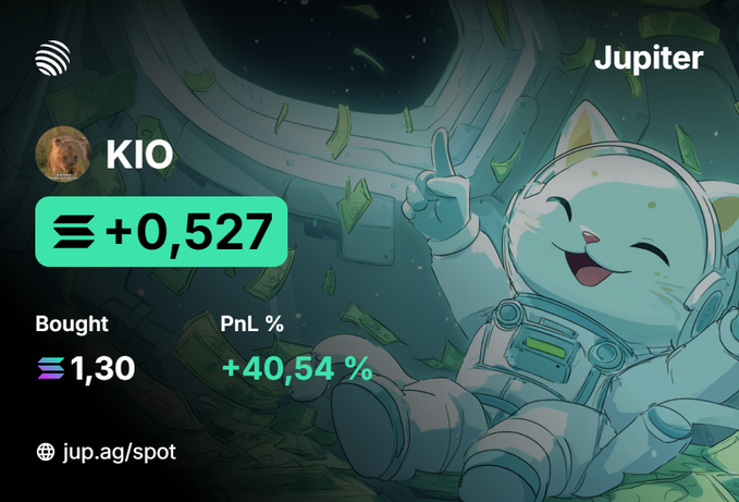 A digital advertisement showing an astronaut cat with the token 'KIO' displaying a +0,527 gain, a 40.54% PnL, and a buy price of 1.30, branded as Jupiter (jup.ag/spot).