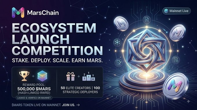 A promotional banner for 'MarsChain ECOSYSTEM LAUNCH COMPETITION' offering a reward pool of 500,000 $MARS plus 50 elite creators and 100 strategic deployers, with text 'STAKE. DEPLOY. SCALE. EARN MARS.'