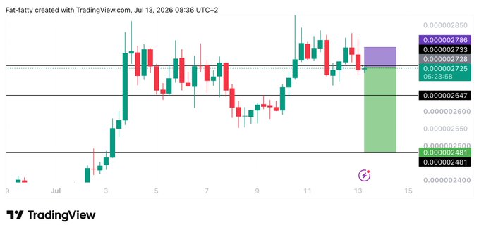 A TradingView chart of PEPE on a 4-hour timeframe showing the cryptocurrency's price action around 0.00002726, with a purple rectangle marking a short entry zone near current market price and a green shaded area extending below indicating the invalidation level—aligning with the post's short position entry at 0.0002726 with invalidation above 0.0002795.