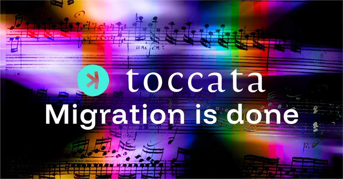 The image features the Toccata logo and the text "Migration is done" set against a colorful rainbow backdrop overlaid with sheet music. This visual celebrates Igra Network's successful migration to Kaspa Toccata, symbolizing the harmonious and seamless transition of all 35 nodes and 17 attesters to the new protocol.