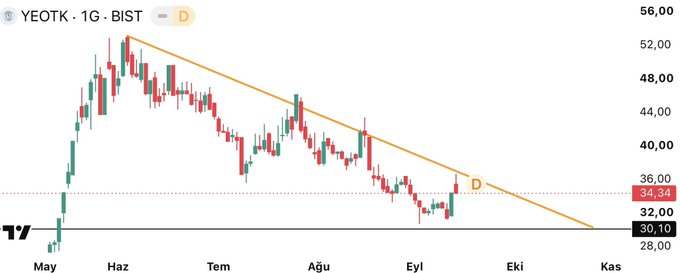 A daily candlestick chart of YEOTK on BIST showing a descending trendline with price recently breaking above the resistance around 34.34 TL, suggesting potential bullish momentum toward the 56 TL target highlighted in the post's optimistic forecast.