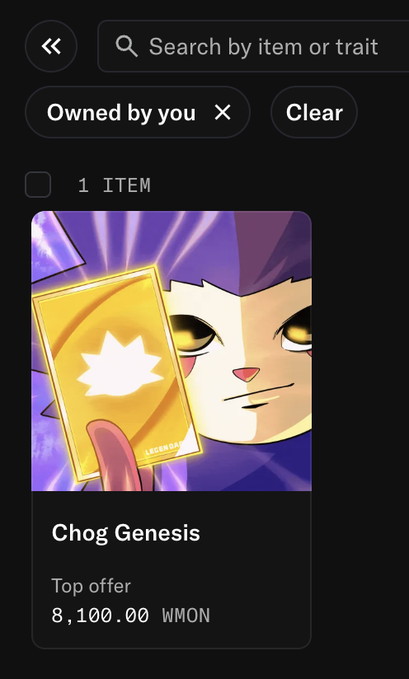 A mobile app screenshot showing a digital item called 'Chog Genesis' listed as a 'Top offer' for 8,100.00 WMON, filtered by 'Owned by you.'