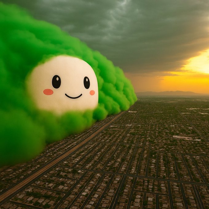 A whimsical, oversized plush character resembling a green caterpillar or cloud with a smiling face and rosy cheeks towers over a vast suburban cityscape at sunset.