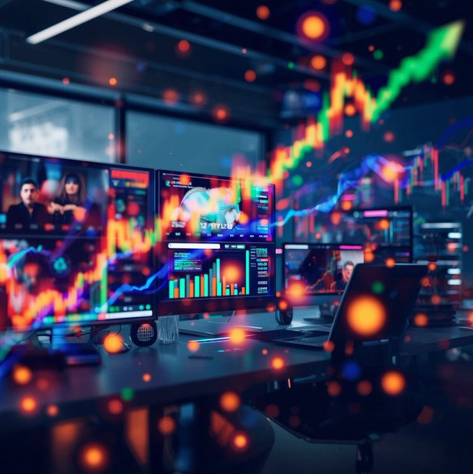 A stylized digital artwork depicting a multi-monitor trading setup with glowing candlestick charts, financial graphs, and floating bokeh lights in red, orange, and blue tones.