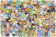 A dense, colorful collage featuring dozens of cartoon and video game characters tightly packed together, including recognizable figures like Pikachu, Mario, and SpongeBob.
