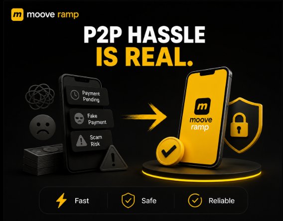 Moove Ramp promotional graphic with text 'P2P HASSLE IS REAL.' showing a transition from a phone displaying 'Payment Pending', 'Fake Payment', and 'Scam Risk' warnings to a phone showing the Moove Ramp app with security icons, tagged 'Fast', 'Safe', and 'Reliable'.