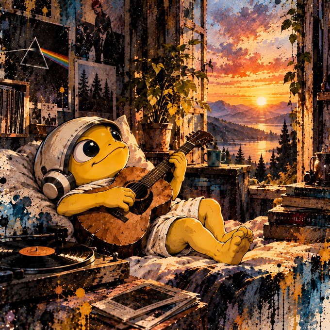 A vibrant digital artwork of a yellow cartoon character wearing headphones and playing an acoustic guitar while lounging on a bed, with a scenic sunset lake view and a Pink Floyd 'Dark Side of the Moon' poster in the background.