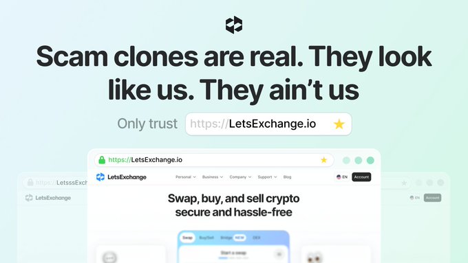 An illustration warning users about scam clone websites mimicking LetsExchange, with bold text stating "Scam clones are real. They look like us. They ain't us" and highlighting the official URL https://LetsExchange.io as the only trusted site, alongside a visual of a browser window showing the legitimate platform. The image reinforces the post's warning to bookmark the real domain and never trust fraudulent lookalike sites.