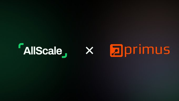 The image shows the “AllScale” and “Primus” logos separated by an “×,” symbolizing their collaboration. It relates to a test of AllScale Private Payroll on BNB Chain, keeping salary amounts encrypted while enabling verifiable blockchain settlement.
