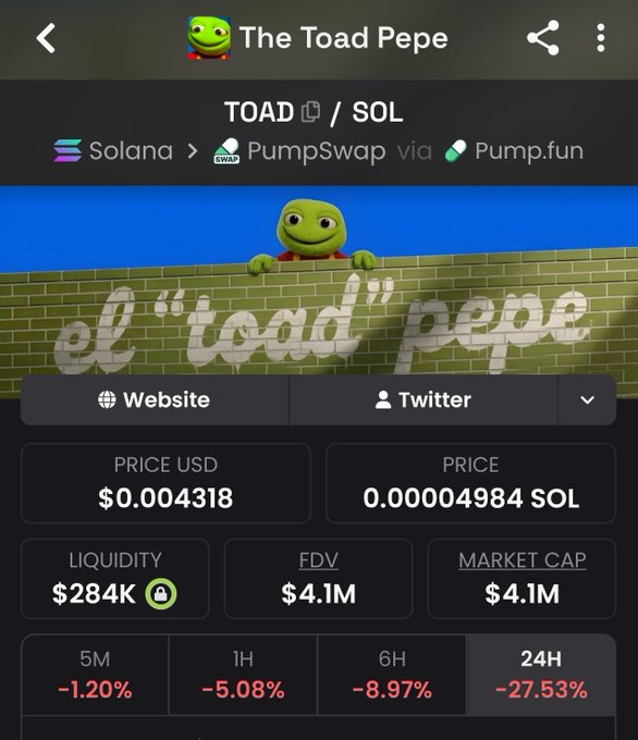 A cryptocurrency tracking screen for "The Toad Pepe" ($TOAD/SOL) on PumpSwap via Pump.fun, showing a price of $0.004318 USD (0.00004984 SOL) with a market cap of $4.1M, but down -27.53% over 24 hours—visually reinforcing the post's "red days" message about weathering volatility on the path to "billions."