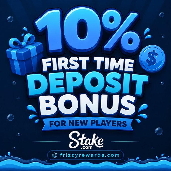 A promotional graphic for Stake.com featuring a blue gift box and coin icon, advertising a "10% FIRST TIME DEPOSIT BONUS FOR NEW PLAYERS" via the referral link frizzyrewards.com, which corresponds to the post's offer of a 300% deposit bonus using code "frizz."