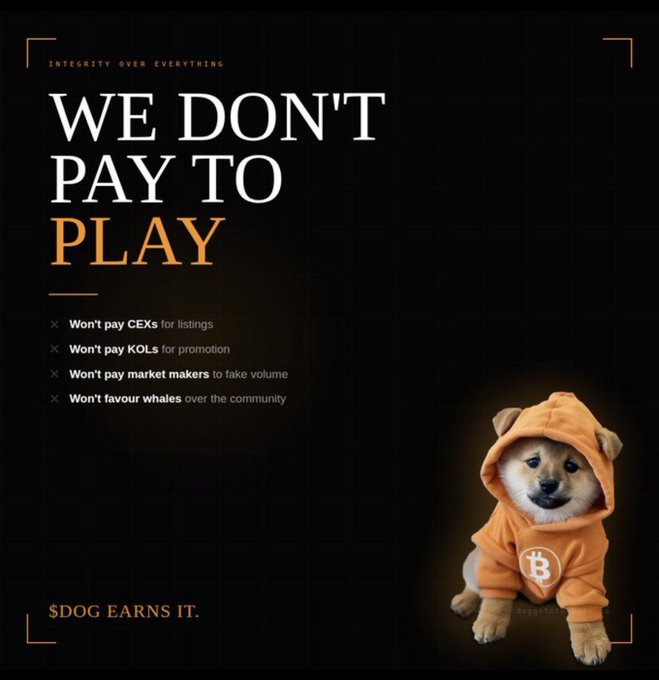 A dark promotional graphic stating 'WE DON'T PAY TO PLAY' with bullet points about not paying CEXs, KOLs, market makers, or whales, featuring a Shiba Inu puppy in an orange Bitcoin hoodie with the text '$DOG EARNS IT.'