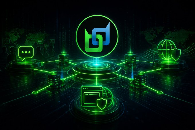 A digital illustration of a network infrastructure with green neon connections, servers, and icons representing messages, web, and security around a central logo.