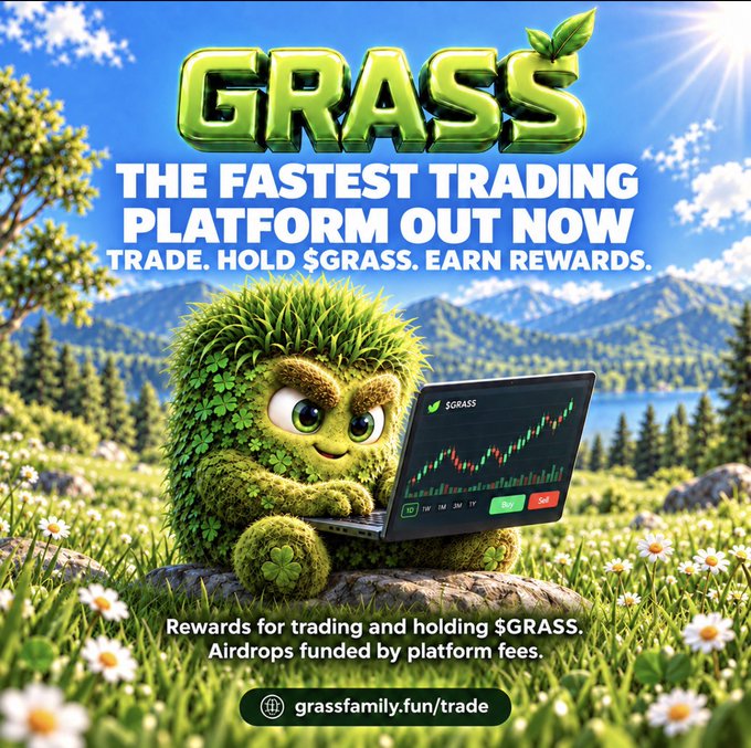 An advertisement for 'GRASS' cryptocurrency showing a cartoon grass-covered creature using a laptop displaying a trading chart, with text promoting it as 'THE FASTEST TRADING PLATFORM OUT NOW', 'TRADE. HOLD $GRASS. EARN REWARDS.', and the URL 'grassfamily.fun/trade'.