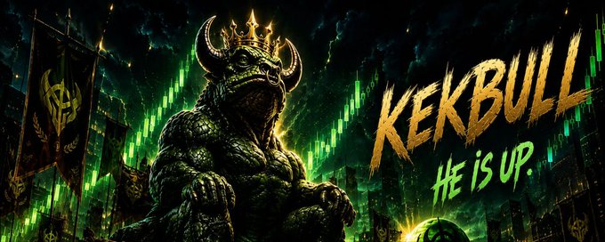 A menacing horned creature wearing a crown sits against a dark green financial chart background, with bold golden text reading "KEKBULL" and the green tagline "HE IS UP." prominently displayed. The imagery reinforces the post's promotion of $KEKBULL as a community-governed Solana memecoin, using the bull mascot and market chart backdrop to evoke trading momentum and crypto culture.