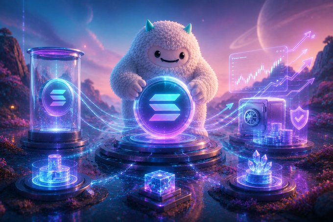 A fluffy white mascot with blue horns holds a glowing Solana (SOL) coin inside a glass orb, surrounded by holographic displays of price charts, a security shield, and stacked coins in a neon-lit futuristic landscape. The image visually represents BulkSOL, a liquid staking token on Solana that allows users to earn staking rewards while keeping their assets liquid and usable for trading.