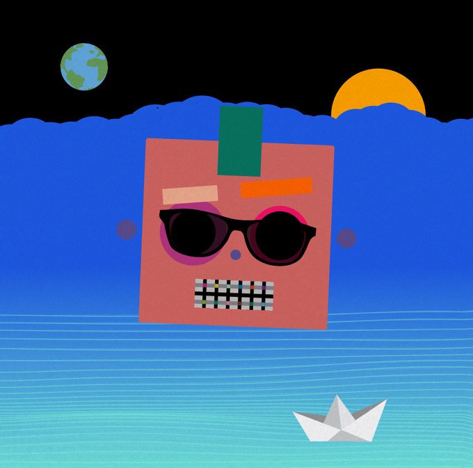 A stylized digital illustration of a pink square-headed character wearing sunglasses, set against a seascape background with a paper boat.