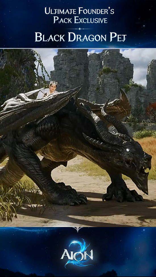 The AION promotional image features a character riding a large, menacing Black Dragon in a rocky landscape, with text advertising the "Ultimate Founder's Pack Exclusive" Black Dragon Pet at the top. This directly illustrates the post's offer to unlock the Black Dragon Pet as a companion through the Ultimate Founder's Pack, which also includes 30-day membership and 5-day early access.