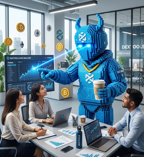 A futuristic office scene shows professionals working with laptops while a large blue LEGO-style bull mascot wearing a gold chain presents cryptocurrency data charts and Bitcoin graphics.