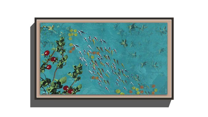 A framed painting depicting an aerial view of people swimming in turquoise water alongside fish and starfish, with a cherry tree branch in the foreground.