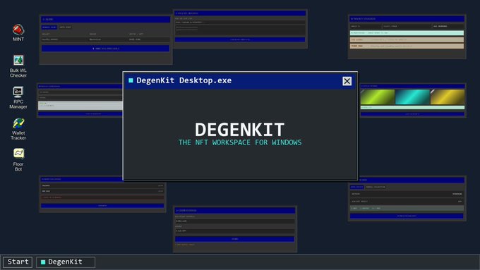 A retro Windows-style desktop interface displaying 'DegenKit Desktop.exe' with the tagline 'THE NFT WORKSPACE FOR WINDOWS' and various tool panels.