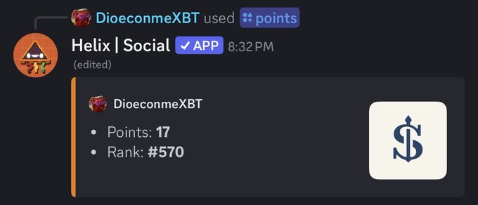 A Discord screenshot showing user "DioeconmeXBT" earning 17 points (Rank #570) on the Helix | Social app.
